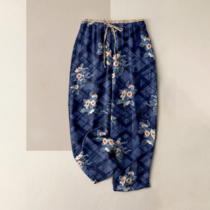 Nimara Ritual Pure Cotton Vintage Floral and Grid Pattern Women's Elastic Waist Pants with Pockets