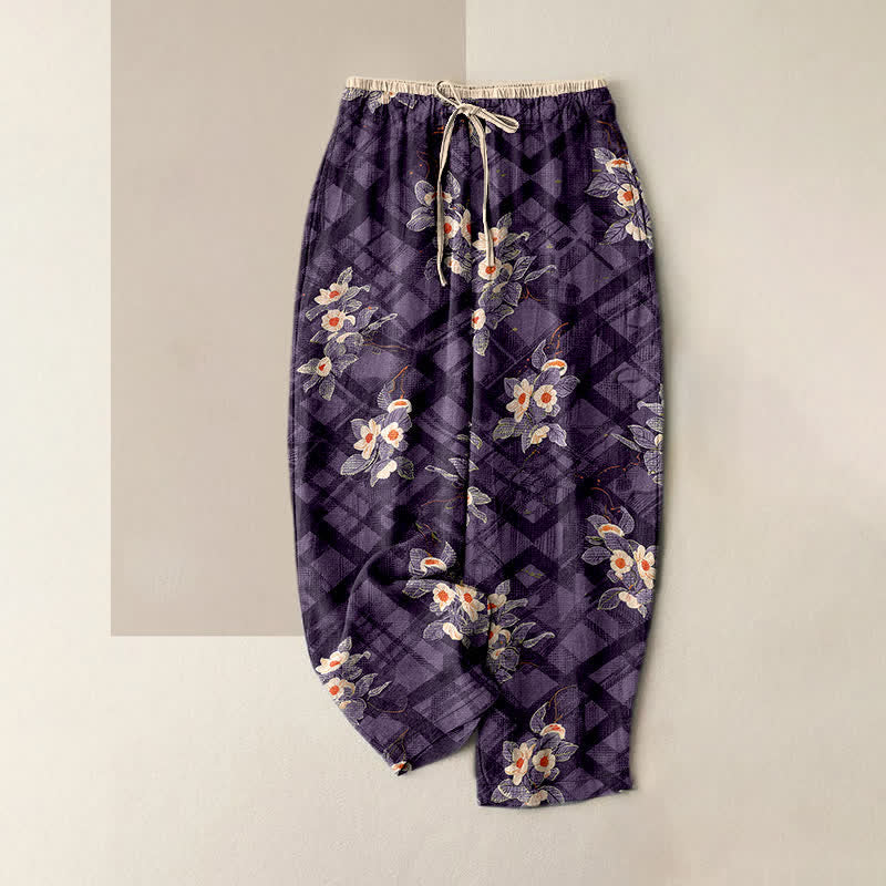 Nimara Ritual Pure Cotton Vintage Floral and Grid Pattern Women's Elastic Waist Pants with Pockets
