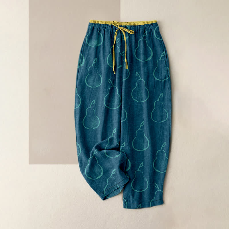 Nimara Ritual Pure Cotton Delicate Pear Pattern Women's Elastic Waist Pants With Pockets