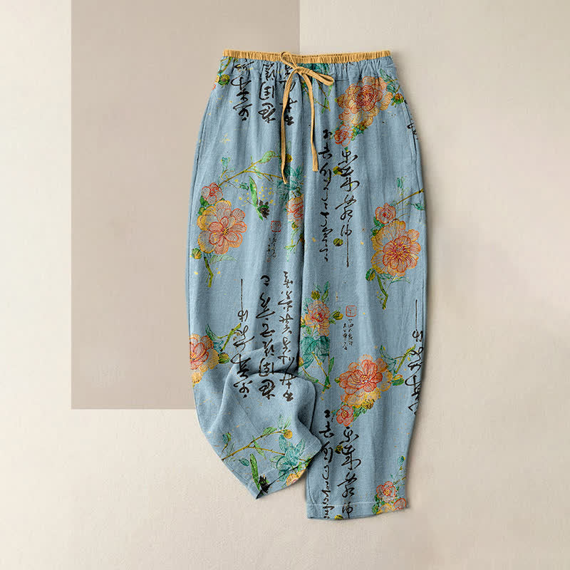 Nimara Ritual Pure Cotton Vintage Floral Calligraphy Pattern Women's Elastic Waist Pants With Pockets