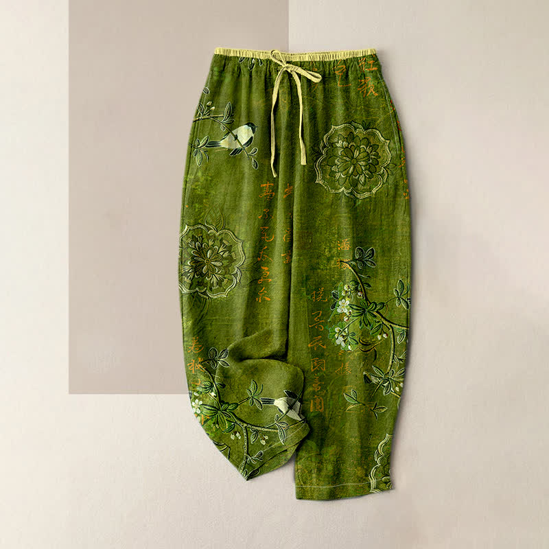 Nimara Ritual Pure Cotton Bohemian Floral Bird Pattern Women's Elastic Waist Pants With Pockets