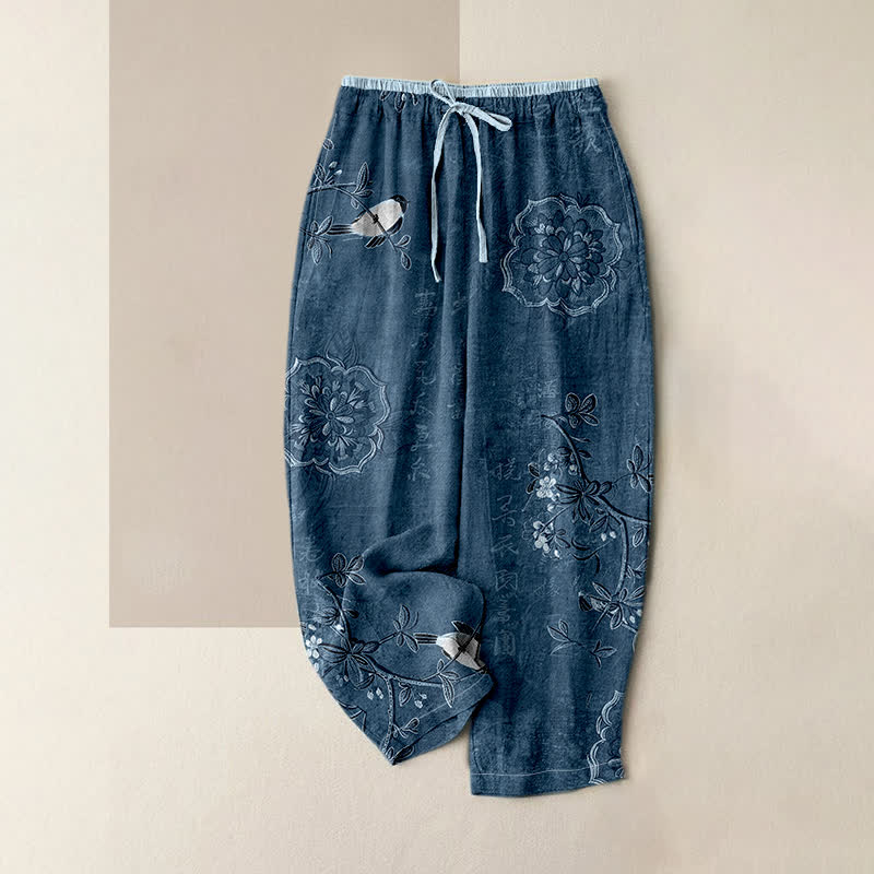 Nimara Ritual Pure Cotton Bohemian Floral Bird Pattern Women's Elastic Waist Pants With Pockets
