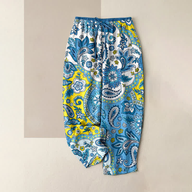 Nimara Ritual Pure Cotton Bohemian Paisley Floral Pattern Women's Elastic Waist Pants With Pockets