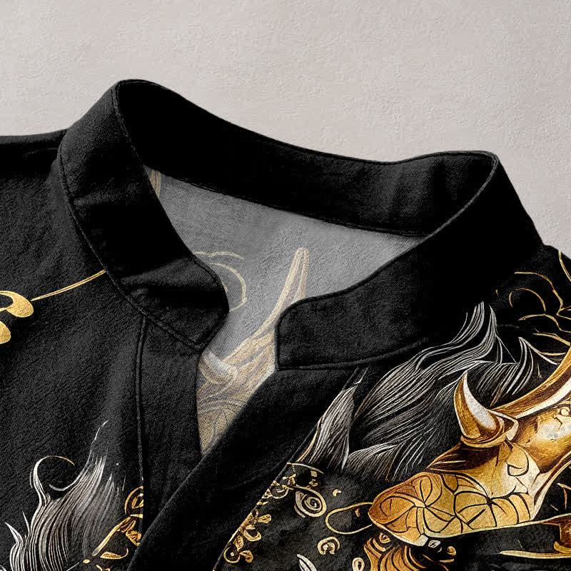 Nimara Ritual Cotton Golden Dragon Pattern Men's Short Sleeve Half Button Shirt