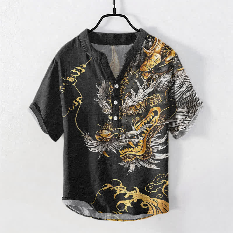 Nimara Ritual Cotton Golden Dragon Pattern Men's Short Sleeve Half Button Shirt