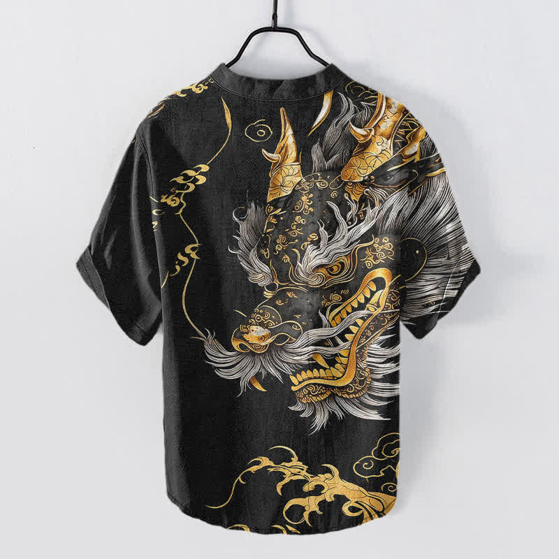Nimara Ritual Cotton Golden Dragon Pattern Men's Short Sleeve Half Button Shirt