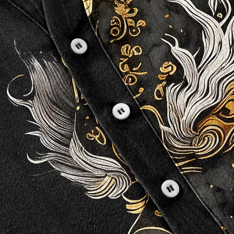 Nimara Ritual Cotton Golden Dragon Pattern Men's Short Sleeve Half Button Shirt