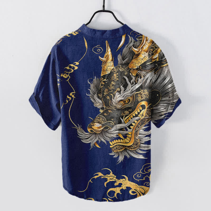 Nimara Ritual Cotton Golden Dragon Pattern Men's Short Sleeve Half Button Shirt