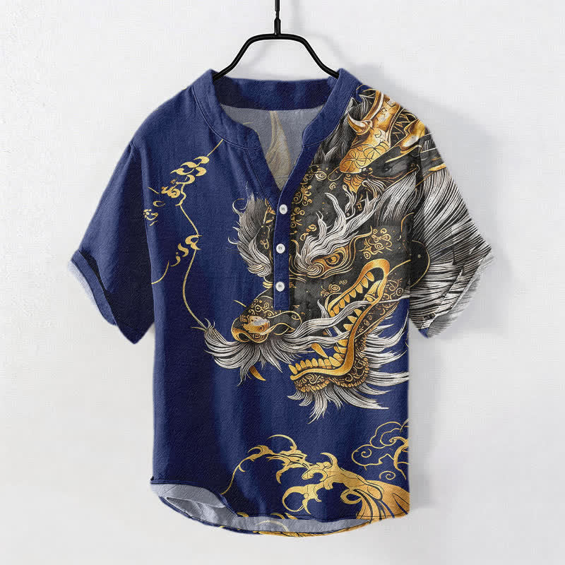 Nimara Ritual Cotton Golden Dragon Pattern Men's Short Sleeve Half Button Shirt