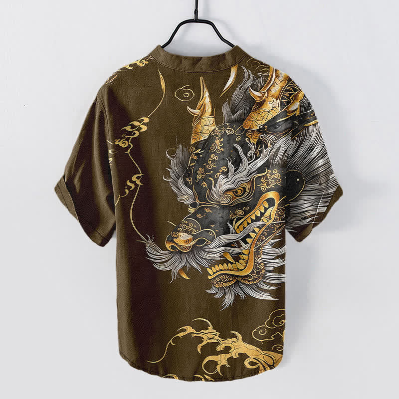 Nimara Ritual Cotton Golden Dragon Pattern Men's Short Sleeve Half Button Shirt