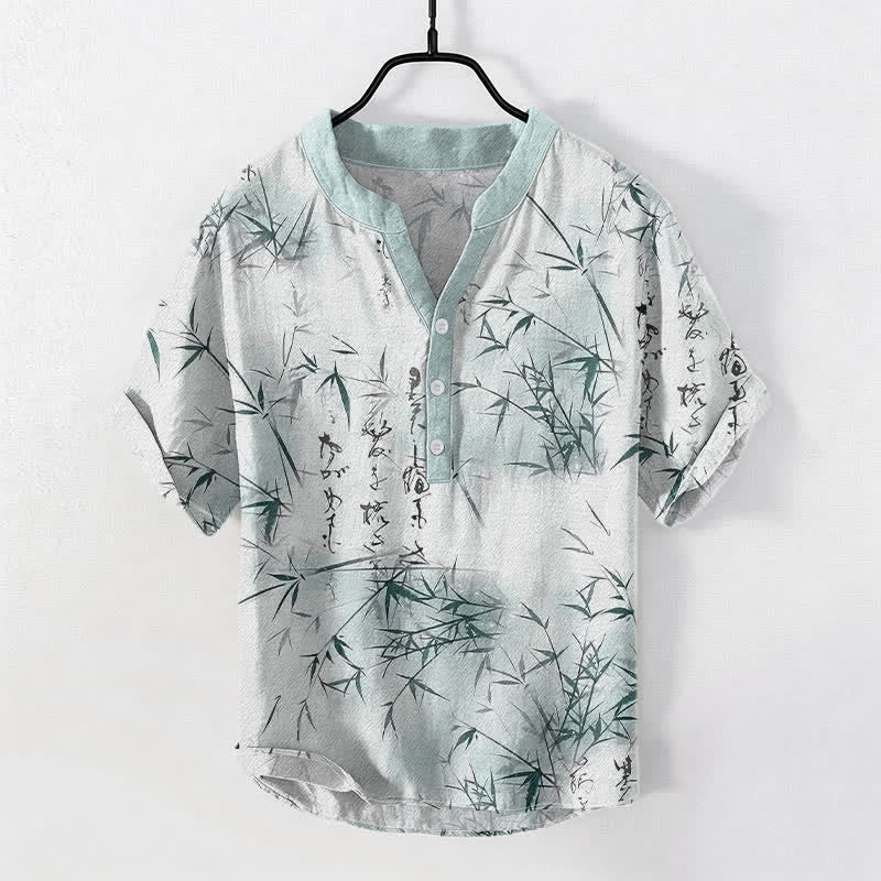 Nimara Ritual Cotton Ink Bamboo Calligraphy Pattern Men's Short Sleeve Half Button Shirt