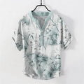 Nimara Ritual Cotton Ink Bamboo Calligraphy Pattern Men's Short Sleeve Half Button Shirt