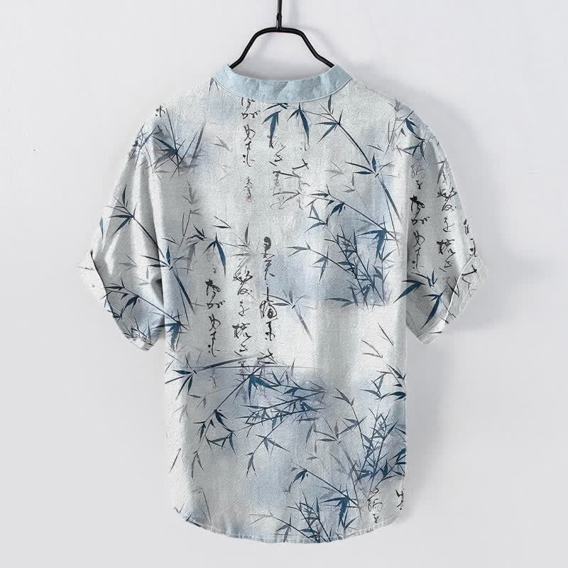Nimara Ritual Cotton Ink Bamboo Calligraphy Pattern Men's Short Sleeve Half Button Shirt