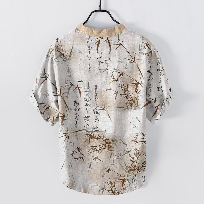 Nimara Ritual Cotton Ink Bamboo Calligraphy Pattern Men's Short Sleeve Half Button Shirt