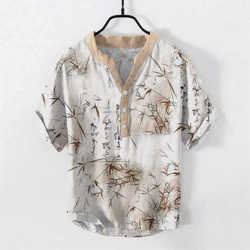 Nimara Ritual Cotton Ink Bamboo Calligraphy Pattern Men's Short Sleeve Half Button Shirt