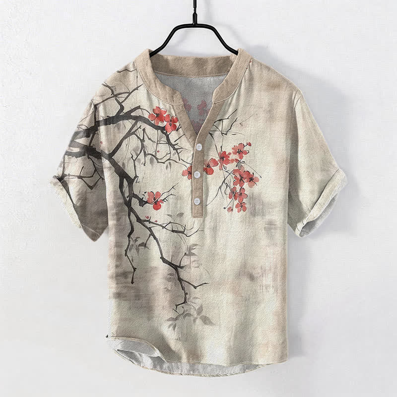 Nimara Ritual Cotton Plum Blossom Branch Pattern Men's Short Sleeve Half Button Shirt