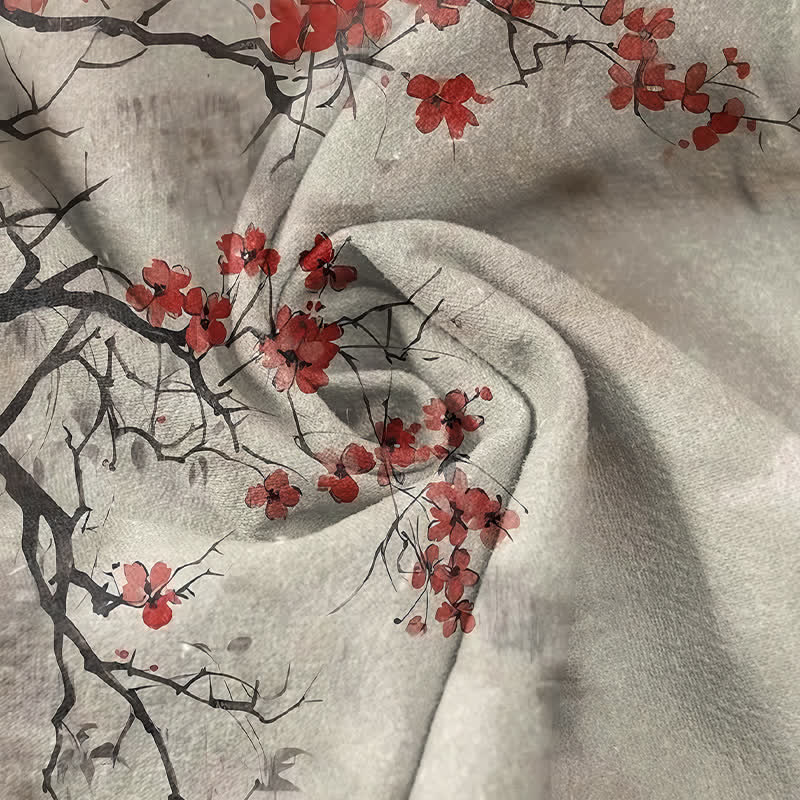 Nimara Ritual Cotton Plum Blossom Branch Pattern Men's Short Sleeve Half Button Shirt