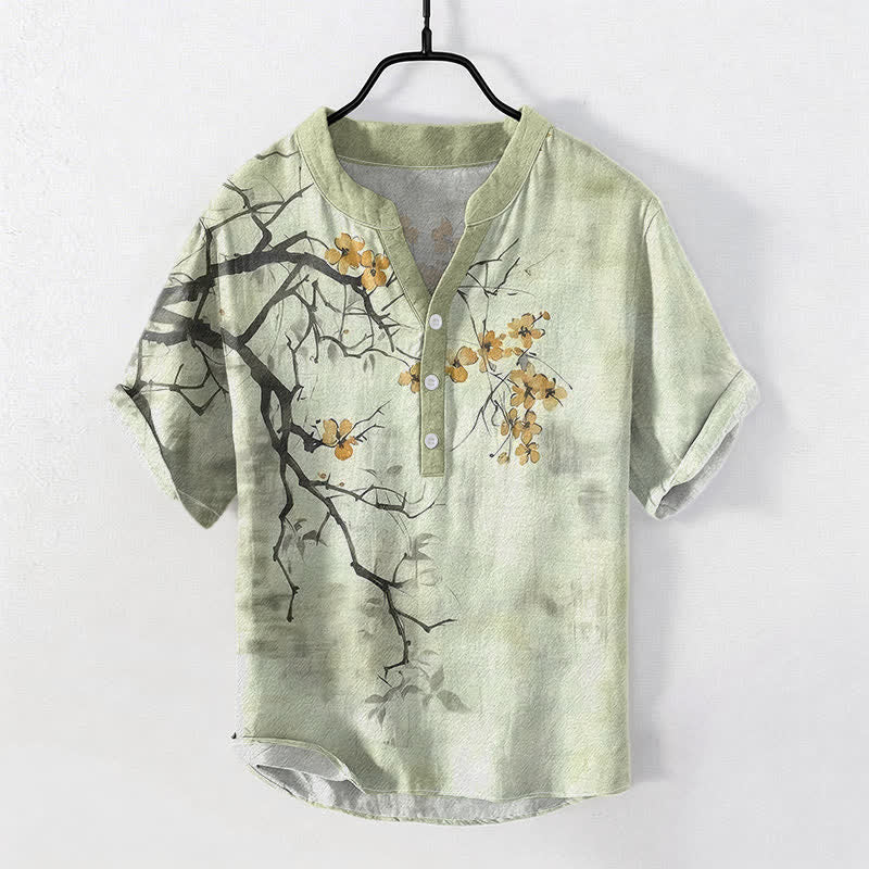 Nimara Ritual Cotton Plum Blossom Branch Pattern Men's Short Sleeve Half Button Shirt