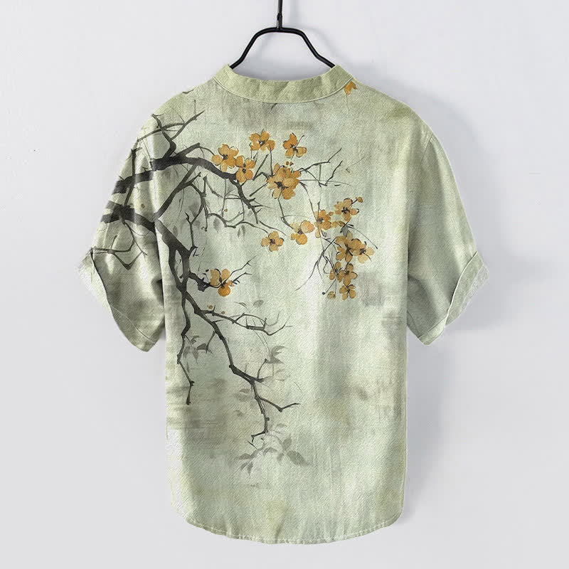 Nimara Ritual Cotton Plum Blossom Branch Pattern Men's Short Sleeve Half Button Shirt