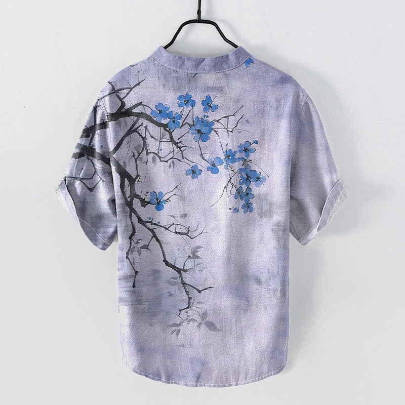 Nimara Ritual Cotton Plum Blossom Branch Pattern Men's Short Sleeve Half Button Shirt