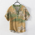Nimara Ritual Cotton Mountain Blossom Pattern Men's Short Sleeve Half Button Shirt