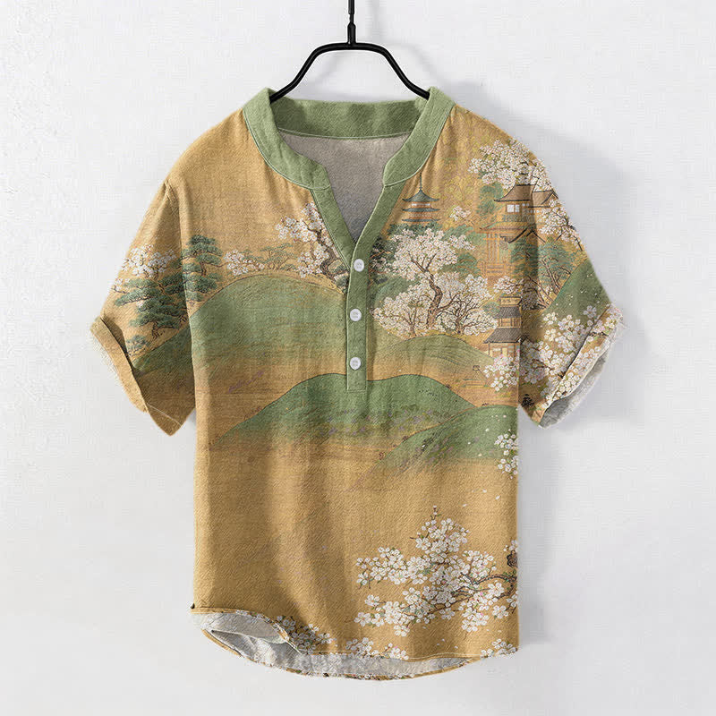 Nimara Ritual Cotton Mountain Blossom Pattern Men's Short Sleeve Half Button Shirt