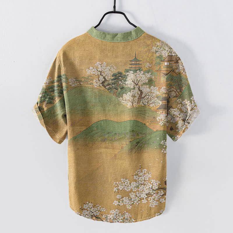 Nimara Ritual Cotton Mountain Blossom Pattern Men's Short Sleeve Half Button Shirt