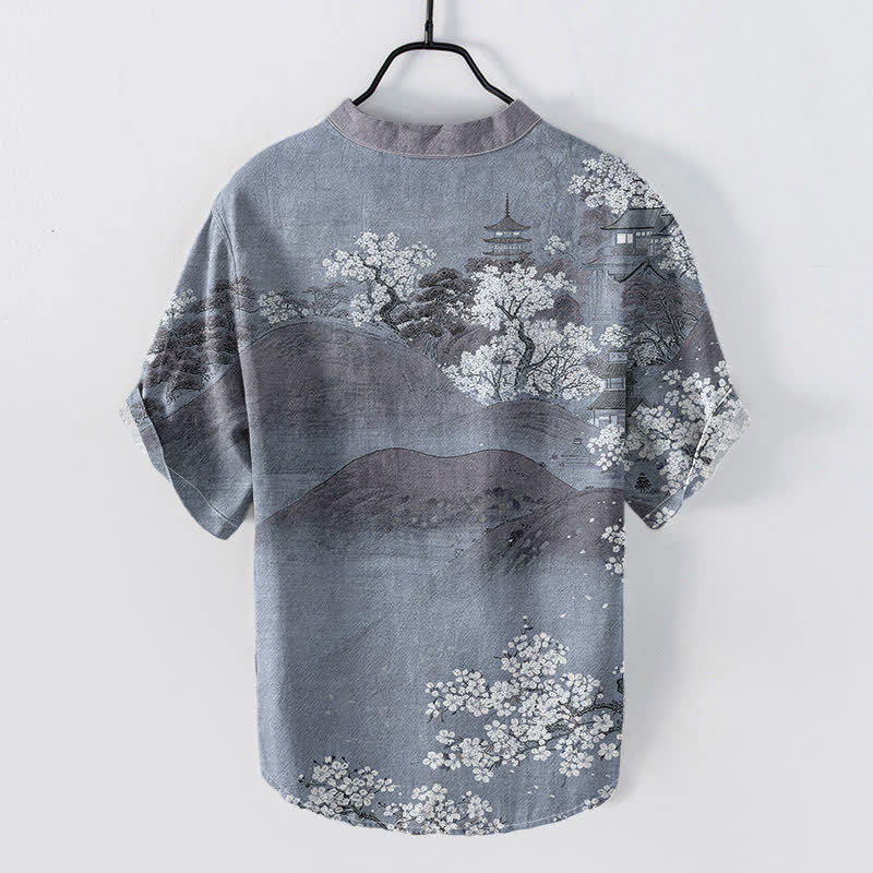 Nimara Ritual Cotton Mountain Blossom Pattern Men's Short Sleeve Half Button Shirt