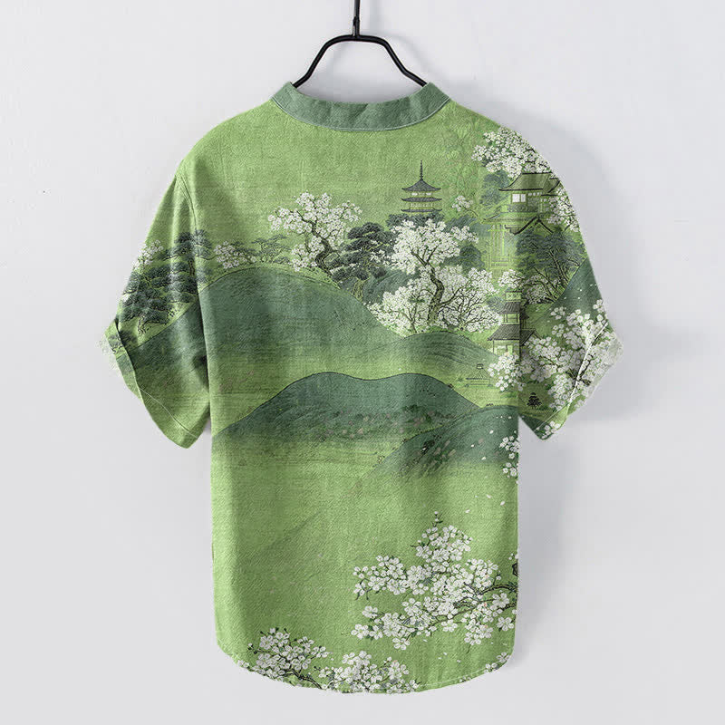 Nimara Ritual Cotton Mountain Blossom Pattern Men's Short Sleeve Half Button Shirt