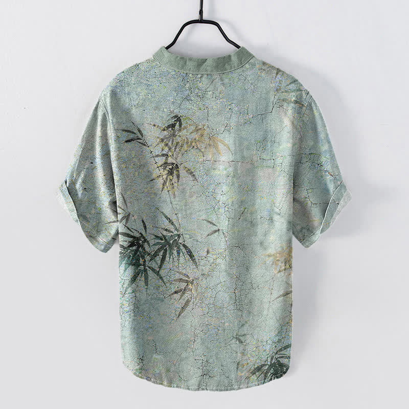 Nimara Ritual Cotton Ink Bamboo Leaf Pattern Men's Short Sleeve Half Button Shirt