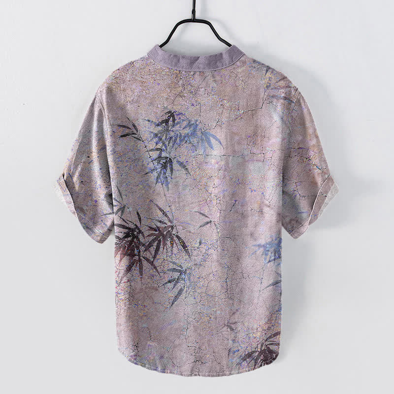 Nimara Ritual Cotton Ink Bamboo Leaf Pattern Men's Short Sleeve Half Button Shirt