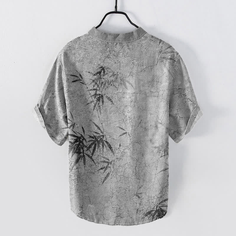 Nimara Ritual Cotton Ink Bamboo Leaf Pattern Men's Short Sleeve Half Button Shirt