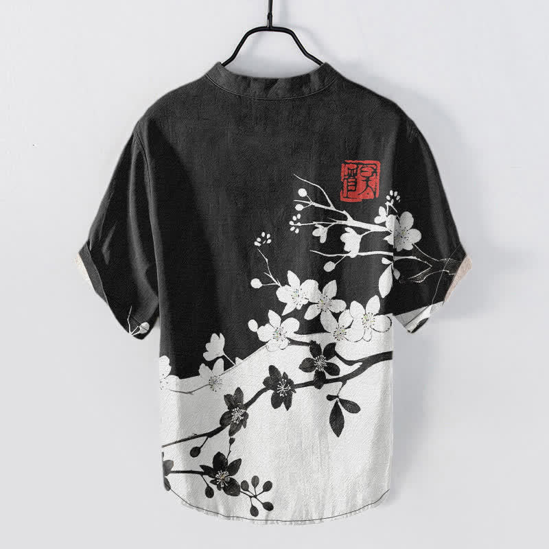 Nimara Ritual Cotton Plum Blossom Branch Pattern Men's Short Sleeve Half Button Shirt
