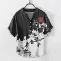 Nimara Ritual Cotton Plum Blossom Branch Pattern Men's Short Sleeve Half Button Shirt