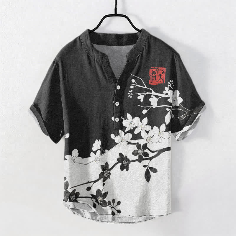 Nimara Ritual Cotton Plum Blossom Branch Pattern Men's Short Sleeve Half Button Shirt