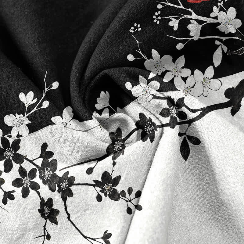 Nimara Ritual Cotton Plum Blossom Branch Pattern Men's Short Sleeve Half Button Shirt