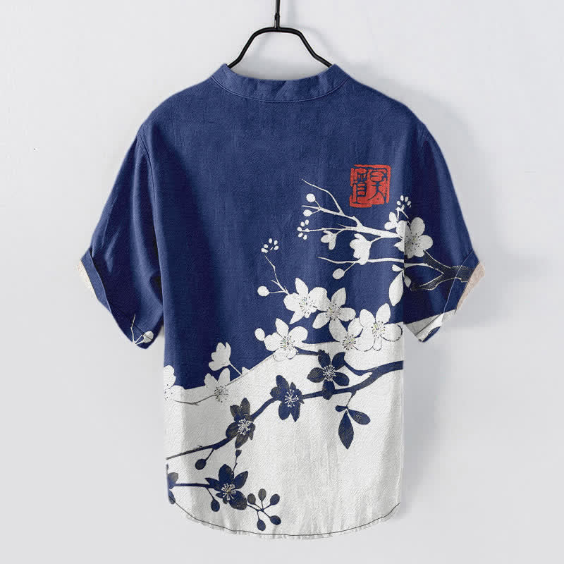 Nimara Ritual Cotton Plum Blossom Branch Pattern Men's Short Sleeve Half Button Shirt
