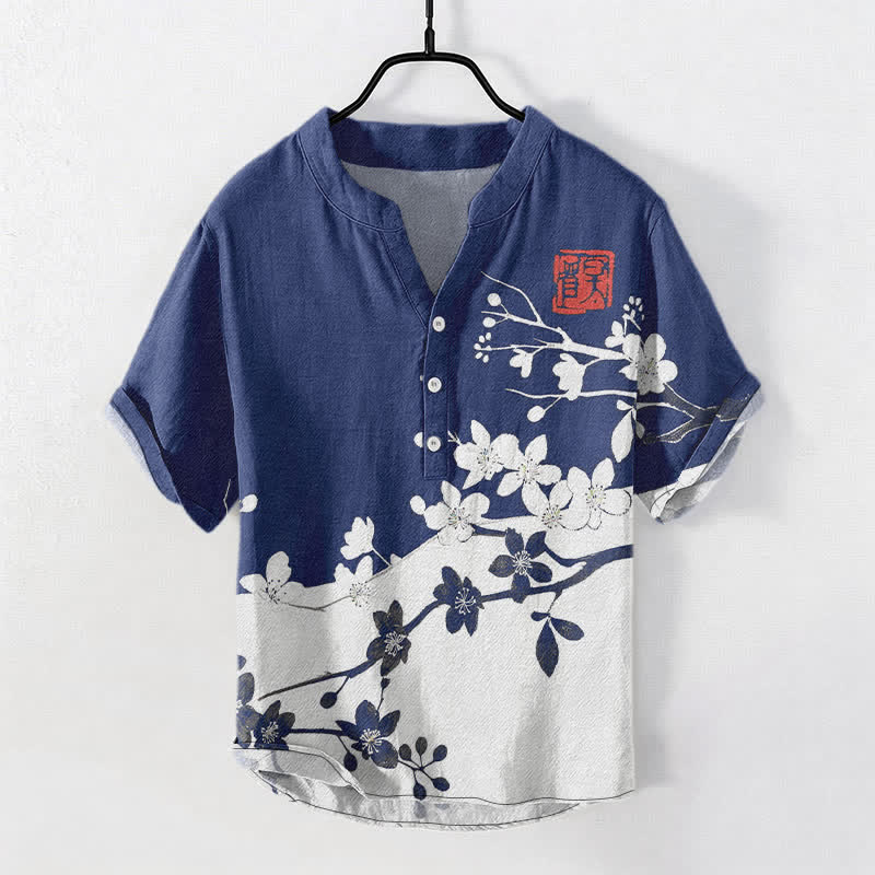 Nimara Ritual Cotton Plum Blossom Branch Pattern Men's Short Sleeve Half Button Shirt