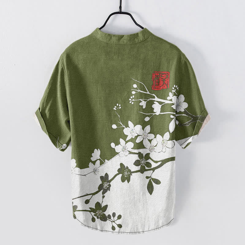 Nimara Ritual Cotton Plum Blossom Branch Pattern Men's Short Sleeve Half Button Shirt