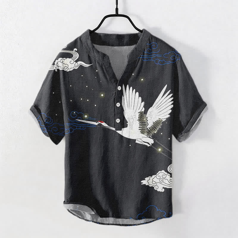 Nimara Ritual Cotton Flying Crane Cloud Pattern Men's Short Sleeve Half Button Shirt
