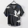 Nimara Ritual Cotton Flying Crane Cloud Pattern Men's Short Sleeve Half Button Shirt