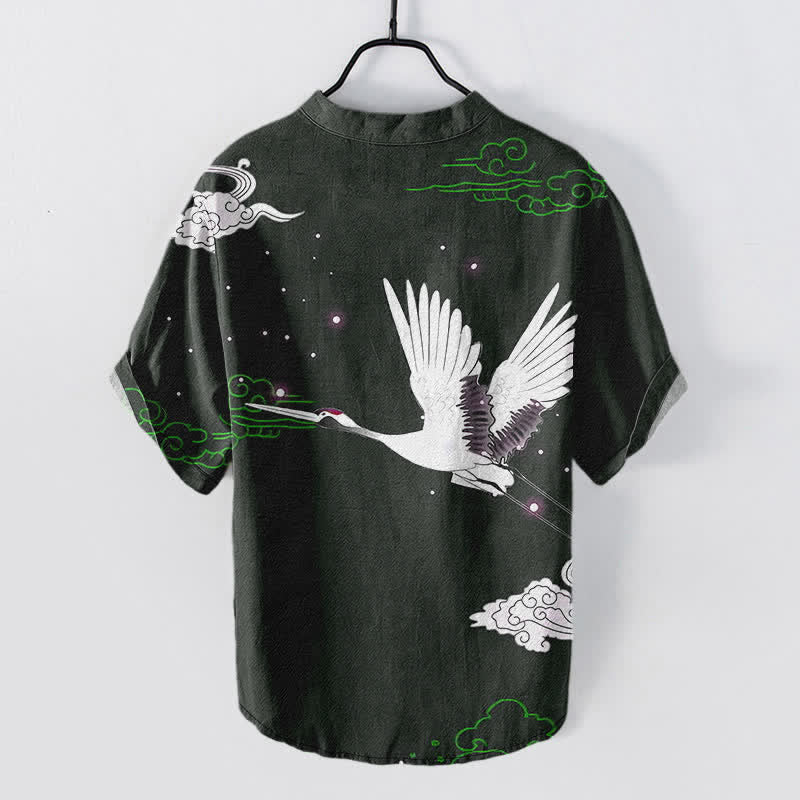 Nimara Ritual Cotton Flying Crane Cloud Pattern Men's Short Sleeve Half Button Shirt