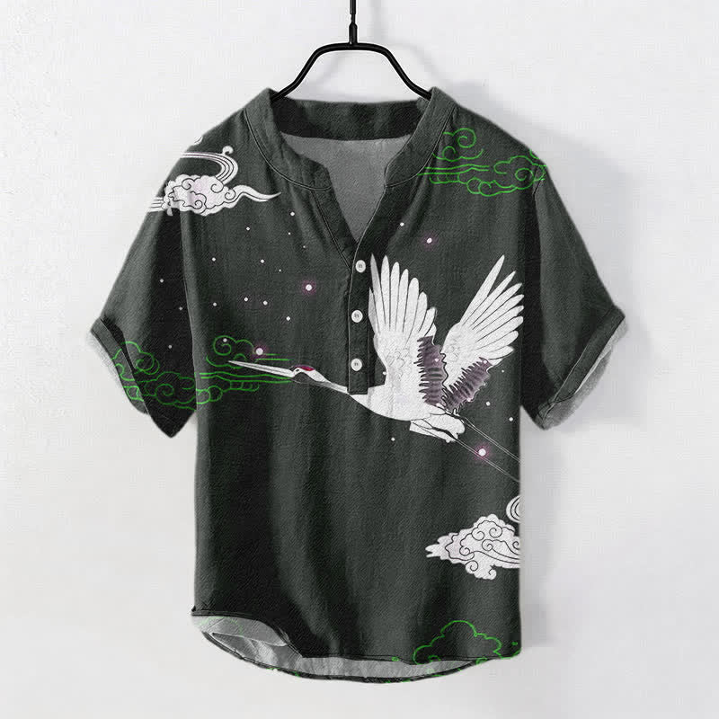 Nimara Ritual Cotton Flying Crane Cloud Pattern Men's Short Sleeve Half Button Shirt
