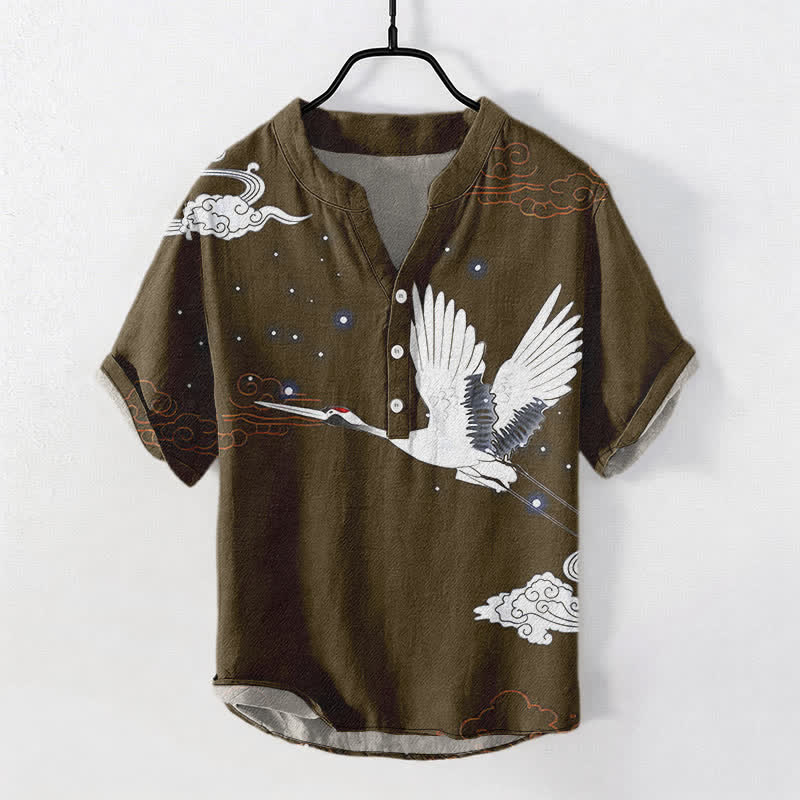 Nimara Ritual Cotton Flying Crane Cloud Pattern Men's Short Sleeve Half Button Shirt