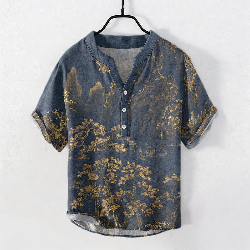 Nimara Ritual Cotton Golden Mountain Pine Pattern Men's Short Sleeve Half Button Shirt