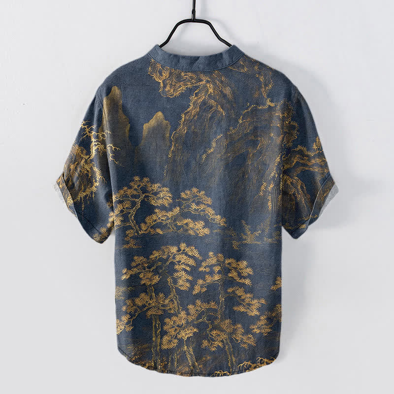 Nimara Ritual Cotton Golden Mountain Pine Pattern Men's Short Sleeve Half Button Shirt