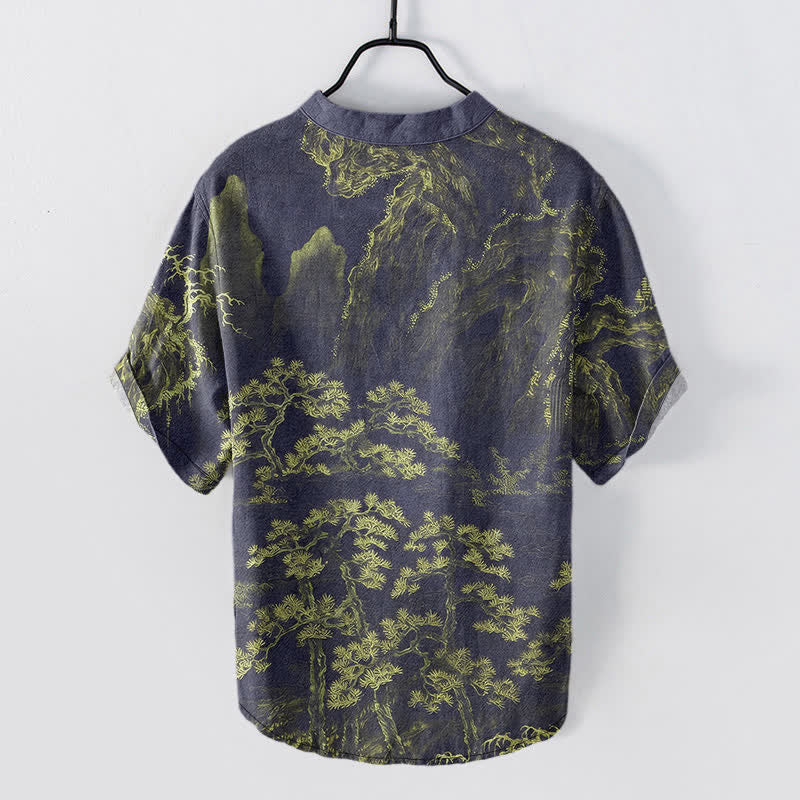 Nimara Ritual Cotton Golden Mountain Pine Pattern Men's Short Sleeve Half Button Shirt