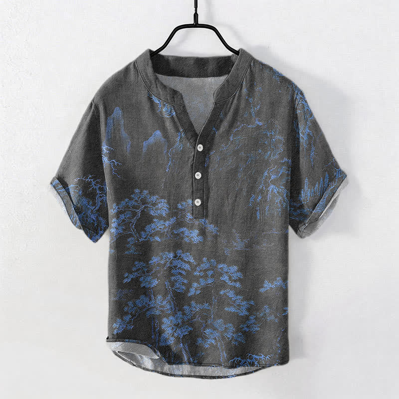 Nimara Ritual Cotton Golden Mountain Pine Pattern Men's Short Sleeve Half Button Shirt