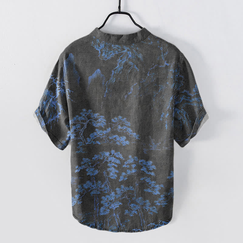 Nimara Ritual Cotton Golden Mountain Pine Pattern Men's Short Sleeve Half Button Shirt