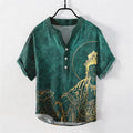 Nimara Ritual Cotton Golden Buddha Lotus Pattern Men's Short Sleeve Half Button Shirt